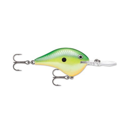 The Rapala DT Series Crankbaits, designed with a green and yellow body and a black dot near the head, feature two treble hooks and a clear plastic lip for diving. Inspired by their namesake series from Rapala, they promise irresistible crankbait action in the water.