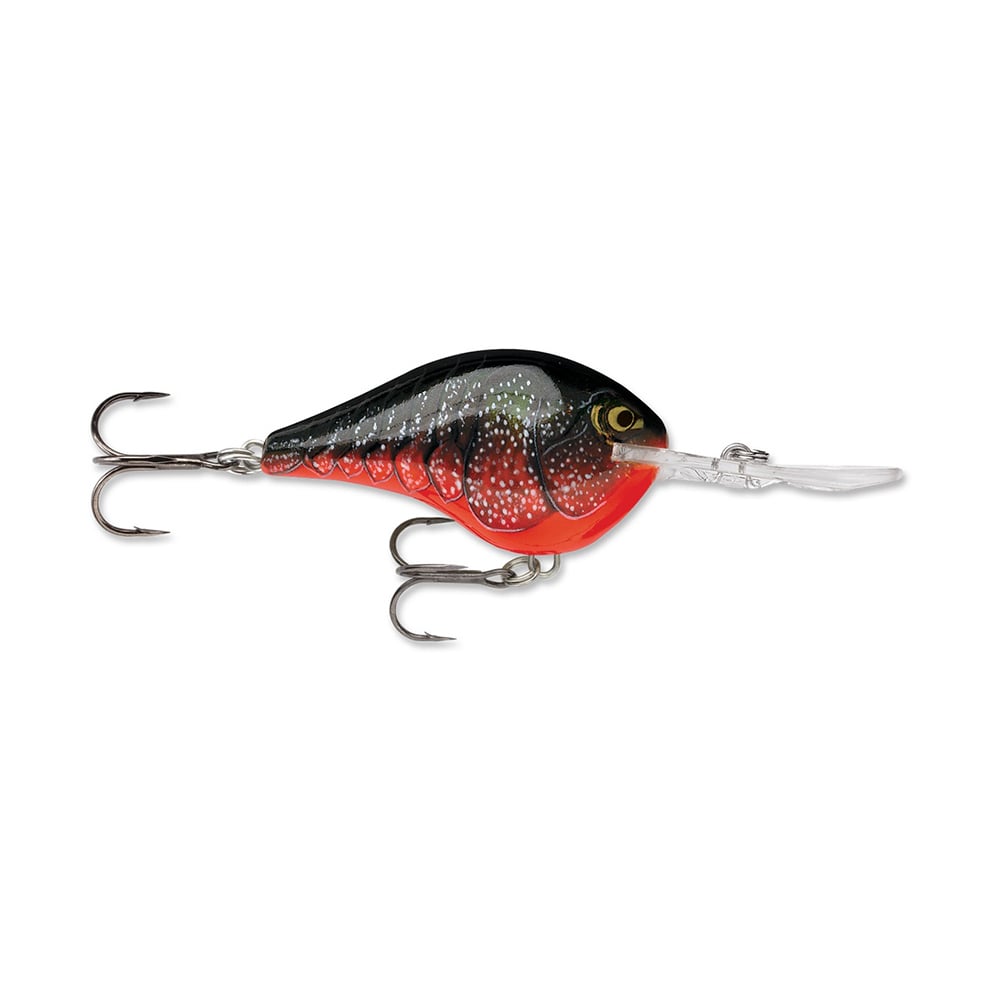 The Rapala DT Series Crankbaits by Rapala showcase a vivid design featuring a red and black patterned body made from high-quality balsa wood. With two treble hooks and a transparent plastic lip, these crankbaits deliver lively action in the water to lure in the catch of the day.