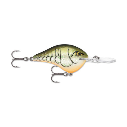 The Rapala DT Series Crankbaits by Rapala are meticulously crafted fishing lures designed to resemble a small fish. They boast a green and orange body adorned with black scales, equipped with two treble hooks. The lure is further enhanced with a clear plastic lip for diving during retrieval and features internal weights to ensure stability.