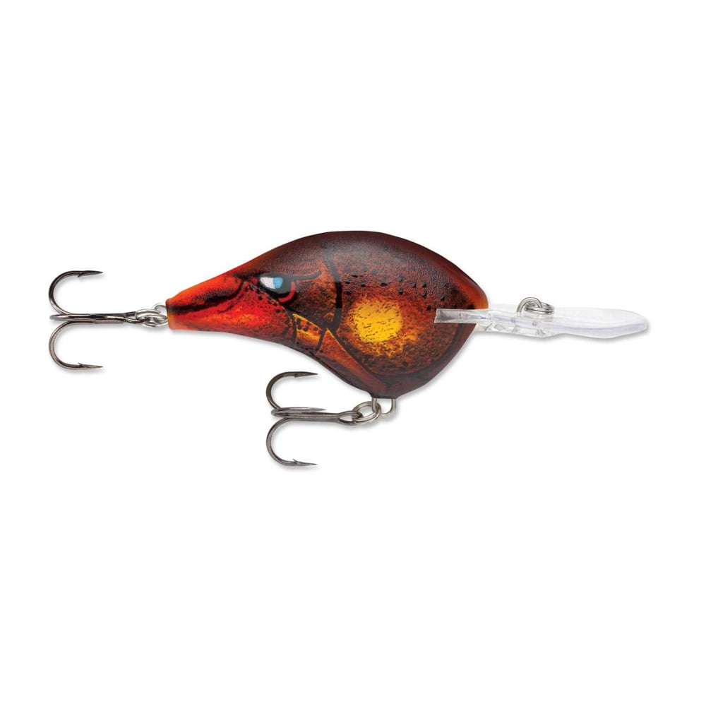 The Rapala DT Series Crankbaits by Rapala showcases a vibrant red and brown body made from balsa wood, featuring lifelike eye design and equipped with two sharp treble hooks. It includes a plastic diving lip for deep diving and a fish scale pattern for enticing realism.