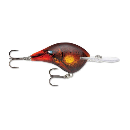 The Rapala DT Series Crankbaits by Rapala showcases a vibrant red and brown body made from balsa wood, featuring lifelike eye design and equipped with two sharp treble hooks. It includes a plastic diving lip for deep diving and a fish scale pattern for enticing realism.