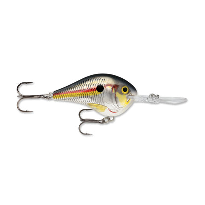 The Rapala DT Series Crankbaits lure, expertly crafted from balsa wood, showcases a fish-like design with a striking silver and black scaled pattern enhanced by red and yellow accents. It includes two sharp treble hooks and features a transparent plastic lip for diving underwater, making it ideal for achieving that crankbait action.