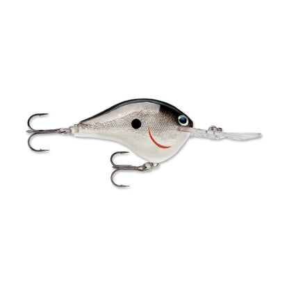 Introducing the Rapala DT Series Crankbaits, crafted to resemble a fish with a white body, black top, and red gill accent. This realistic lure from Rapala is equipped with two treble hooks and a clear plastic lip designed for deep diving action.