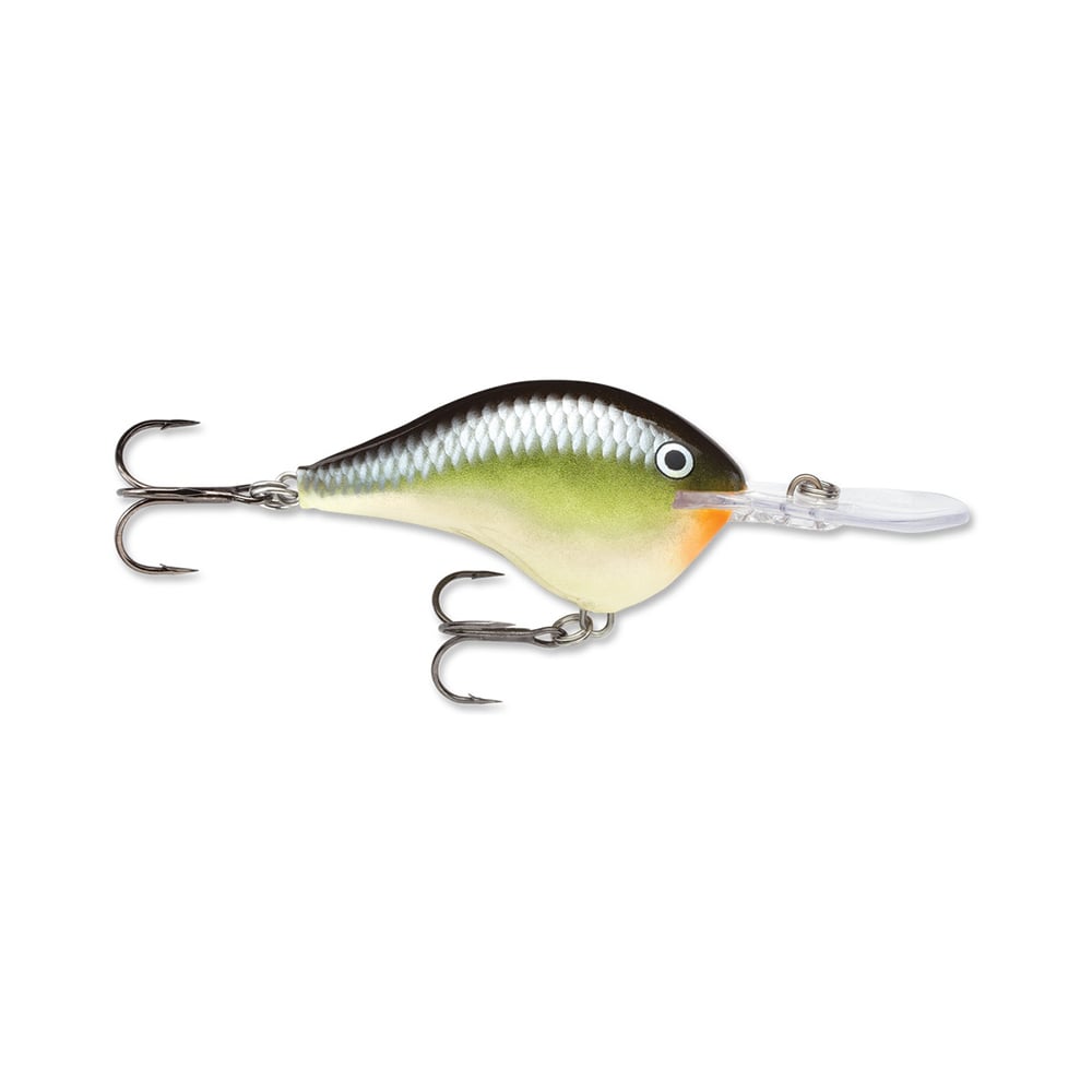 The Rapala DT Series Crankbaits by Rapala boast a balsa wood construction in a fish-like shape, displaying a silver and green gradient accented with orange near the front. Equipped with two treble hooks and a clear plastic lip, they deliver realistic crankbait action for optimal underwater movement.