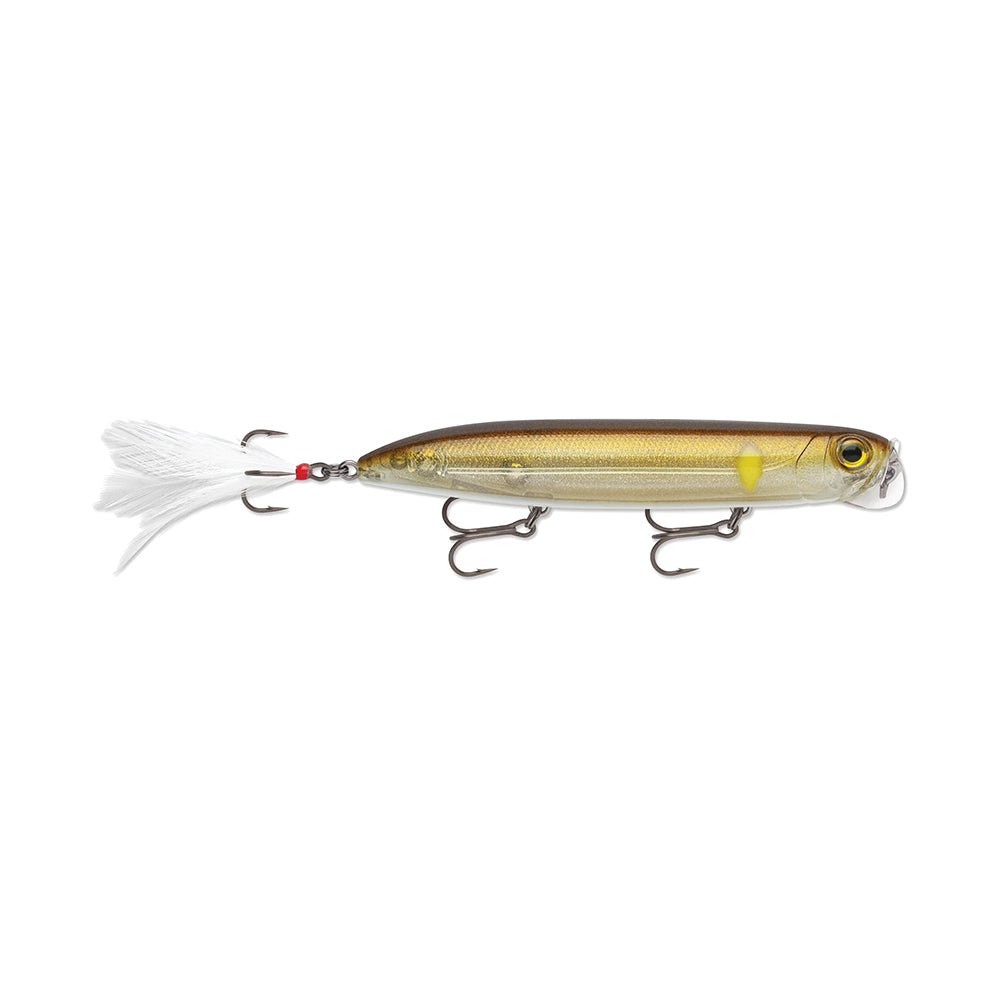 The Rapala PXR Jowler from Rapala's RedLine Series is a fishing lure crafted to mimic a small fish. It features realistic eyes, a metallic body, two treble hooks, and a feather-like tail that disturbs the surface for enhanced attraction.