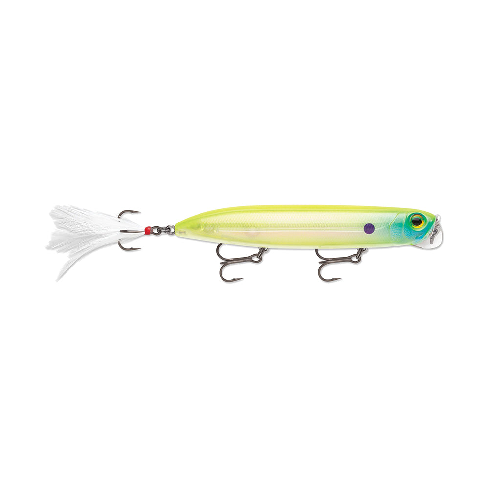 Introducing the Rapala PXR Jowler, a highlight of the Precision Xtreme Series. This surface bait features a yellow-green body, two hooks underneath, a feathered tail, and a reflective finish with a realistic fish-like eye to help you catch your next big one effortlessly.