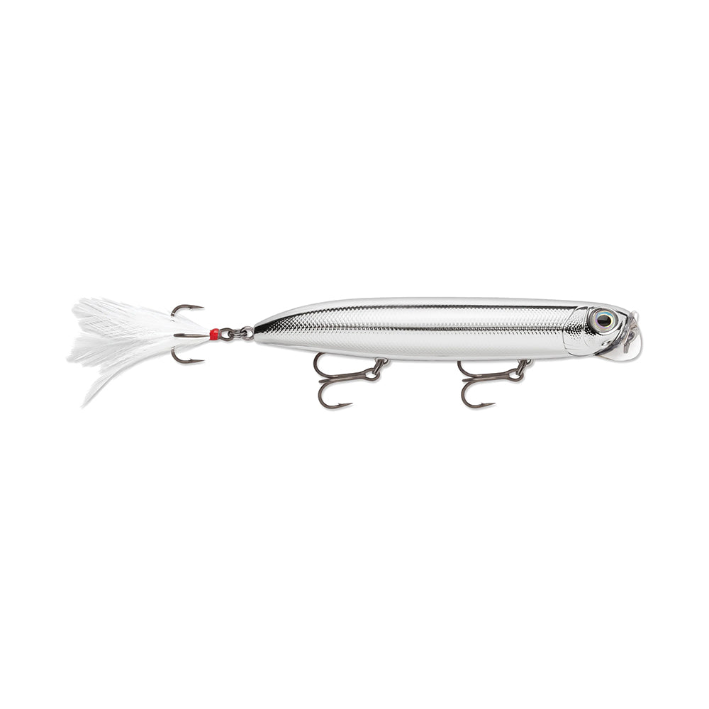 The Rapala PXR Jowler, part of the Precision Xtreme Series, showcases a silver finish with two treble hooks and a white feathered tail, enhancing your surface bait technique.