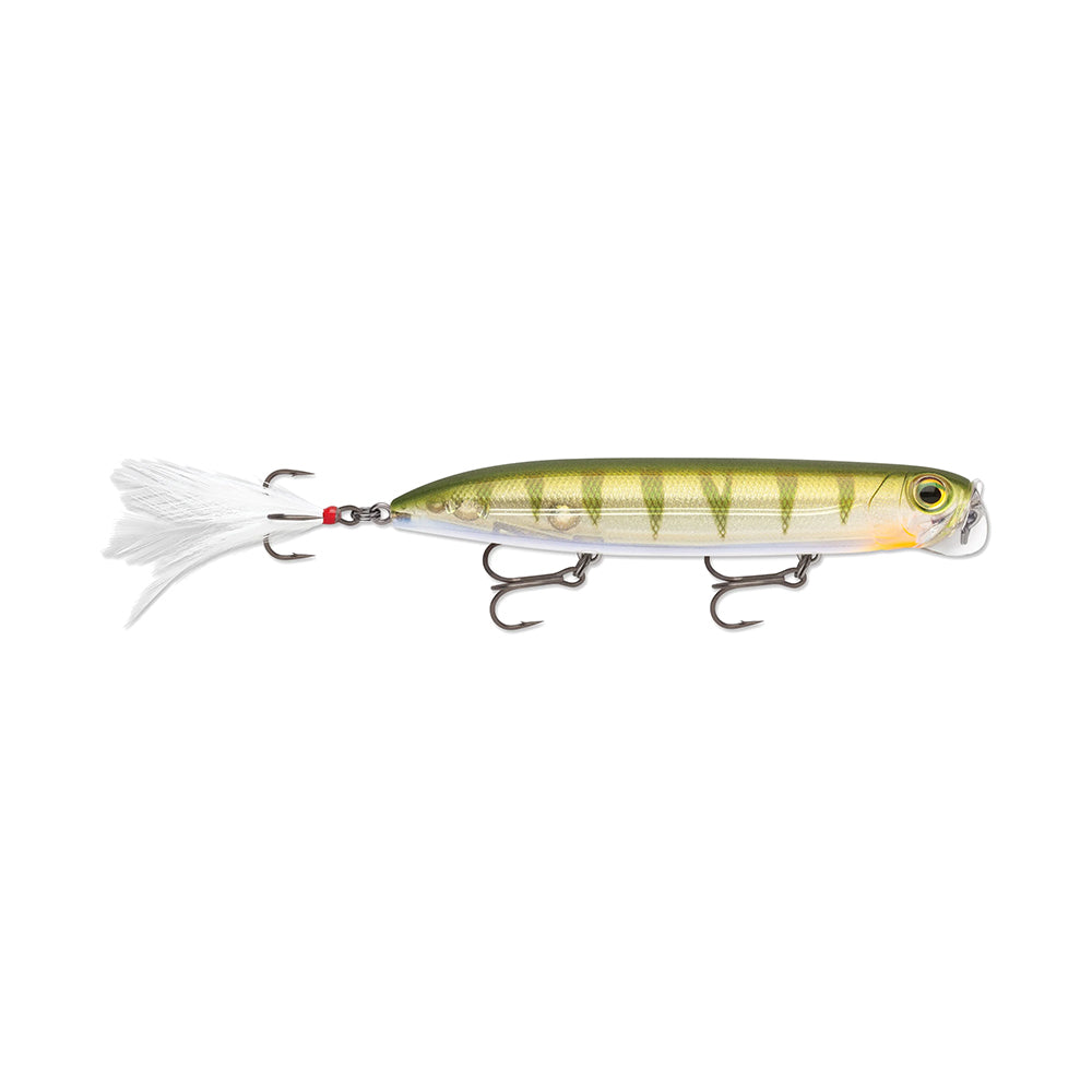 Introducing the Rapala PXR Jowler from the Precision Xtreme Series! This surface bait sensation features a green and yellow-striped body, dual treble hooks, a white feathery tail, and a silver eyelet for easy line attachment.