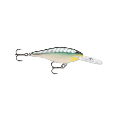 Image of a Rapala Shad Rap Crankbait in Rapala's signature green, silver, and yellow with scaled pattern. Equipped with two treble hooks at front and middle, plus a transparent elongated diving lip, ideal for mimicking baitfish in any water condition.