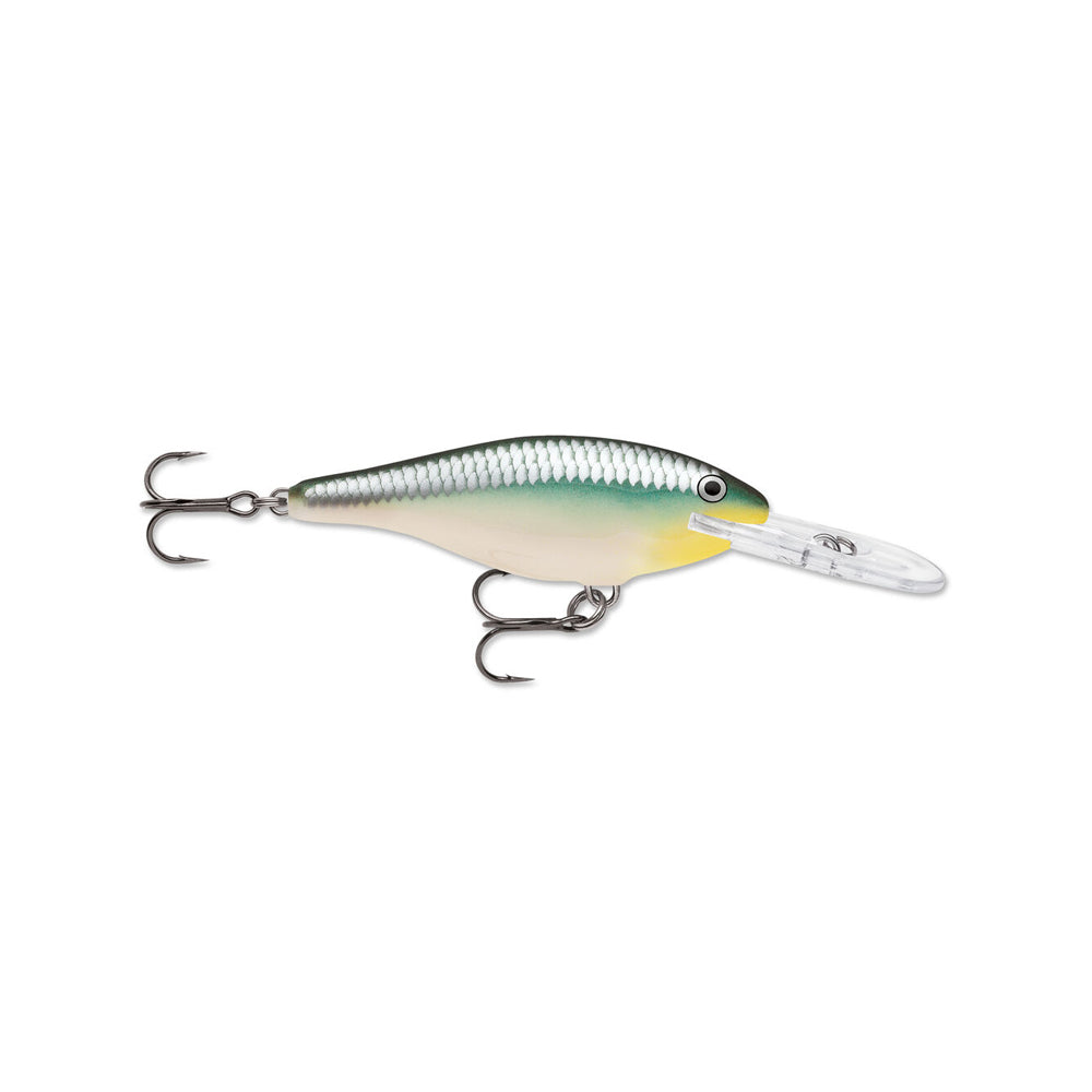 The Rapala Shad Rap Crankbaits by Rapala have a green and white textured body, simulating a small baitfish. They feature a clear plastic lip for diving and two treble hooks at the front and rear, ideal for mimicking a swimming fish.