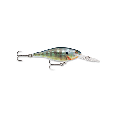 This Rapala Shad Rap Crankbait, shaped like a fish, features two treble hooks, a clear diving lip, and metallic finish. It mimics natural baitfish colors with scales reminiscent of its target.