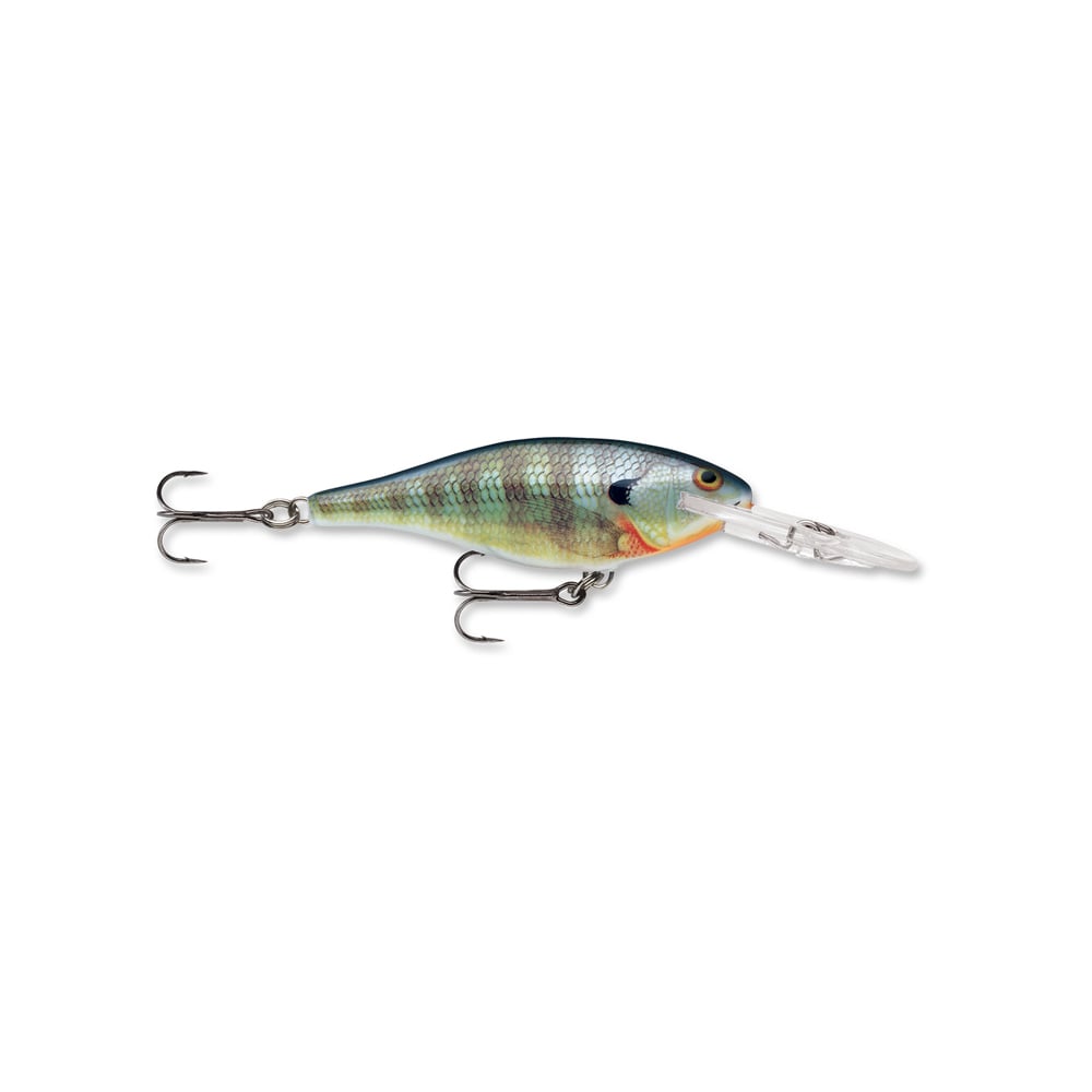 The Rapala Shad Rap Crankbaits is a shiny, fish-shaped lure from Rapala with a metallic blue and green body, accented by orange near the mouth. It features a clear plastic lip and two treble hooks positioned at the belly and tail.