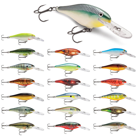 This collection includes 21 Rapala Shad Rap Crankbaits by Rapala, featuring vibrant colors and natural baitfish patterns. Each lure is equipped with treble hooks and offers a variety of shapes and sizes ideal for fishing.