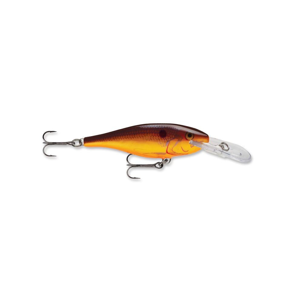 The Rapala Shad Rap Crankbaits by Rapala feature a deep red and orange body mimicking baitfish, with two strategically placed treble hooks near the head and middle. Its transparent, spoon-shaped plastic lip provides optimal diving performance typical of premium crankbaits.