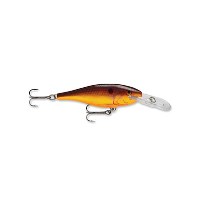 The Rapala Shad Rap Crankbaits, inspired by baitfish, feature an orange and brown gradient body with two treble hooks—one near the head and another at the tail. Its transparent, elongated lip is expertly crafted to mimic lifelike crankbait movement underwater.