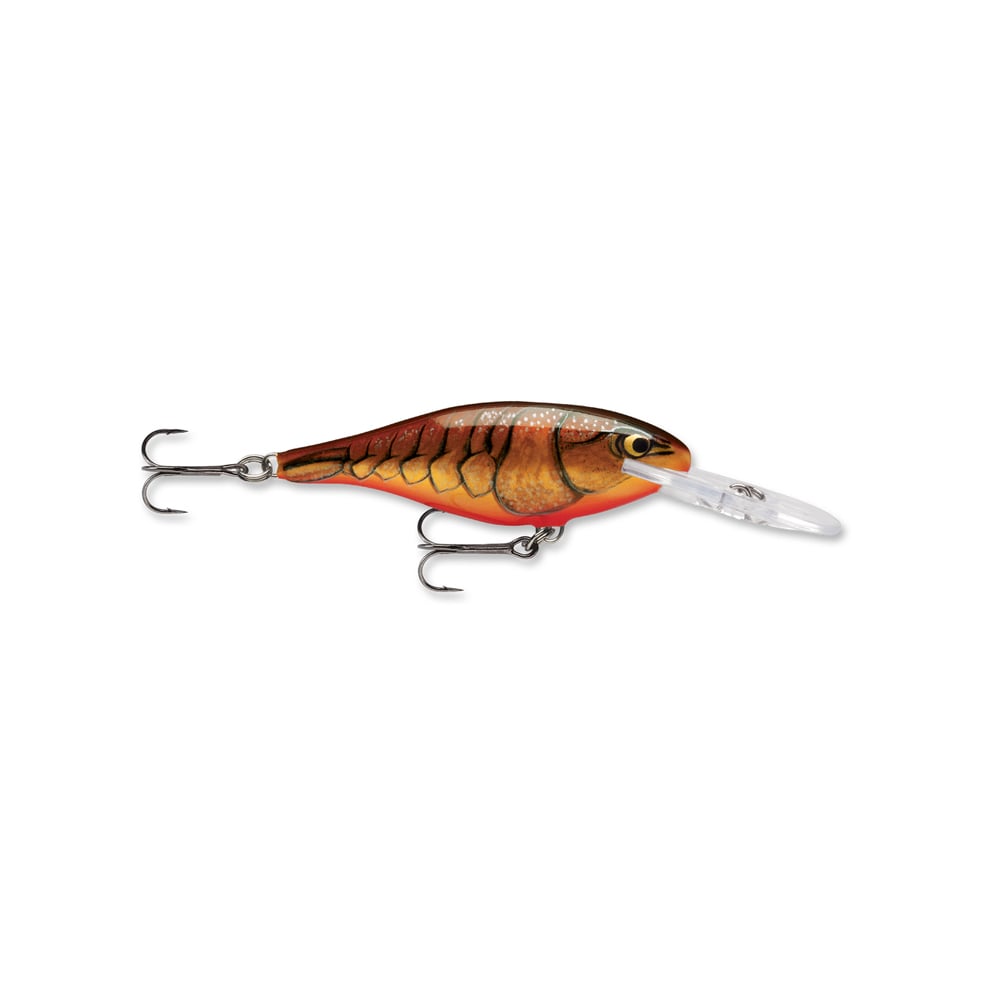 The Rapala Shad Rap Crankbait from Rapala, in brown and orange, features a fish-like pattern and two treble hooks. Its clear, elongated plastic lip is designed for diving, expertly mimicking baitfish to entice your catch.