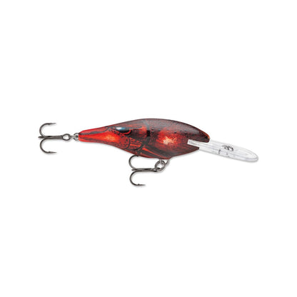 The Rapala Shad Rap Crankbait, crafted to mimic a red crawfish, features two sharp treble hooks and a clear plastic lip for diving, with intricate details to replicate the texture and color of a real crawfish.