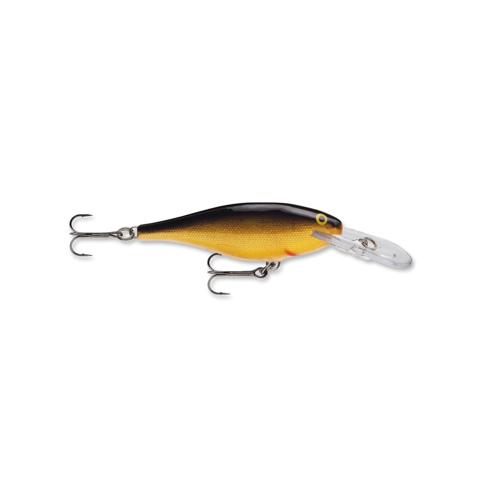 A Rapala Shad Rap Crankbait by Rapala, designed to mimic baitfish with a gold and black gradient body, includes two treble hooks and a transparent plastic lip for diving.