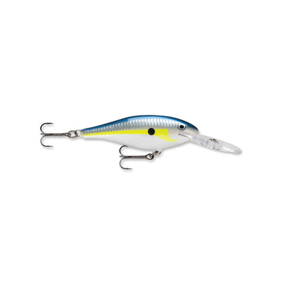 The Rapala Shad Rap Crankbaits by Rapala feature a metallic blue and yellow body, clear plastic lip for diving, a small black dot, eyes, and two treble hooks. Designed to mimic baitfish, this crankbait is ideal for enticing your next catch.