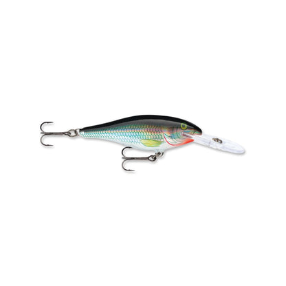 The Rapala Shad Rap Crankbait by Rapala, showcasing rainbow-colored scales with a black top and white underbelly, mimics real baitfish. It features a clear plastic lip and two treble hooks, making it ideal for anglers seeking effective crankbaits.