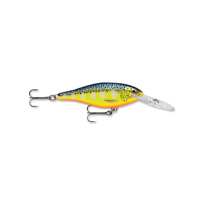 The Rapala Shad Rap Crankbaits by Rapala features a vibrant blue and yellow speckled body, two treble hooks, and a clear plastic lip for diving. This baitfish-inspired lure is perfect for attracting fish.