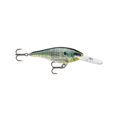 The Rapala Shad Rap Crankbaits feature a green and yellow fish pattern, realistic baitfish design, two treble hooks, and a clear plastic lip for diving, making them perfect for attracting fish during your next angling adventure.