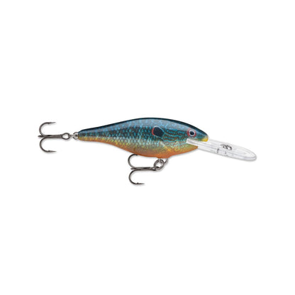 The Rapala Shad Rap Crankbaits from Rapala feature a fish-like design with blue-green scales, an orange belly, two treble hooks, and a clear elongated plastic lip for diving, making it an ideal imitation of small baitfish.