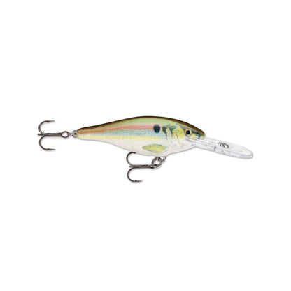 The Rapala Shad Rap Crankbaits by Rapala, inspired by the iconic design, feature a vibrant baitfish look with a green and brown back, pink stripe, two treble hooks underneath, and a transparent lip for diving.