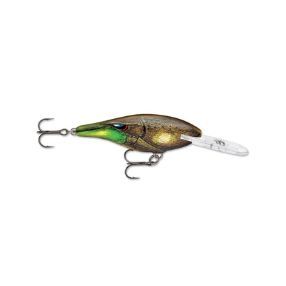 The Rapala Shad Rap Crankbaits, inspired by the original design, mimic baitfish with green and brown hues, featuring a clear plastic lip and two treble hooks under the body and near the tail.