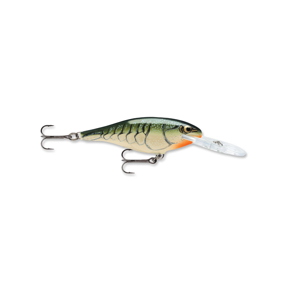 The Rapala Shad Rap Crankbaits, crafted by Rapala, resemble a baitfish with their green, yellow, and orange design. They include two treble hooks (one near the tail and one under the belly) and a clear plastic lip for diving, reminiscent of the traditional Shad Rap style.