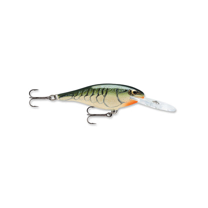 The Rapala Shad Rap Crankbaits, crafted by Rapala, resemble a baitfish with their green, yellow, and orange design. They include two treble hooks (one near the tail and one under the belly) and a clear plastic lip for diving, reminiscent of the traditional Shad Rap style.