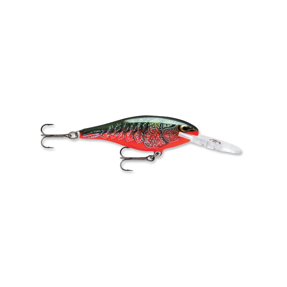 A vibrant green and red Rapala Shad Rap crankbait mimics a baitfish with two treble hooks below and a clear plastic lip for diving action.