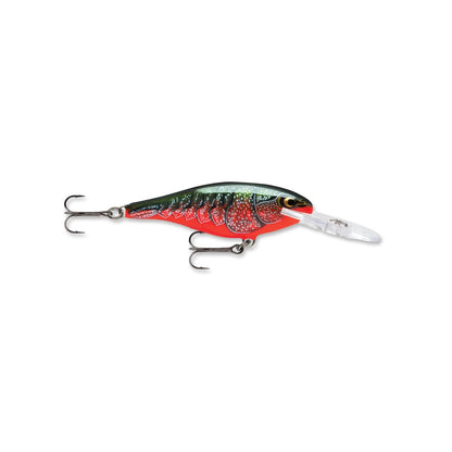 The Rapala Shad Rap Crankbait by Rapala features a green and red body, clear lip, and two treble hooks. Its textured design mimics scales and fins with a glossy finish that attracts both anglers and fish.