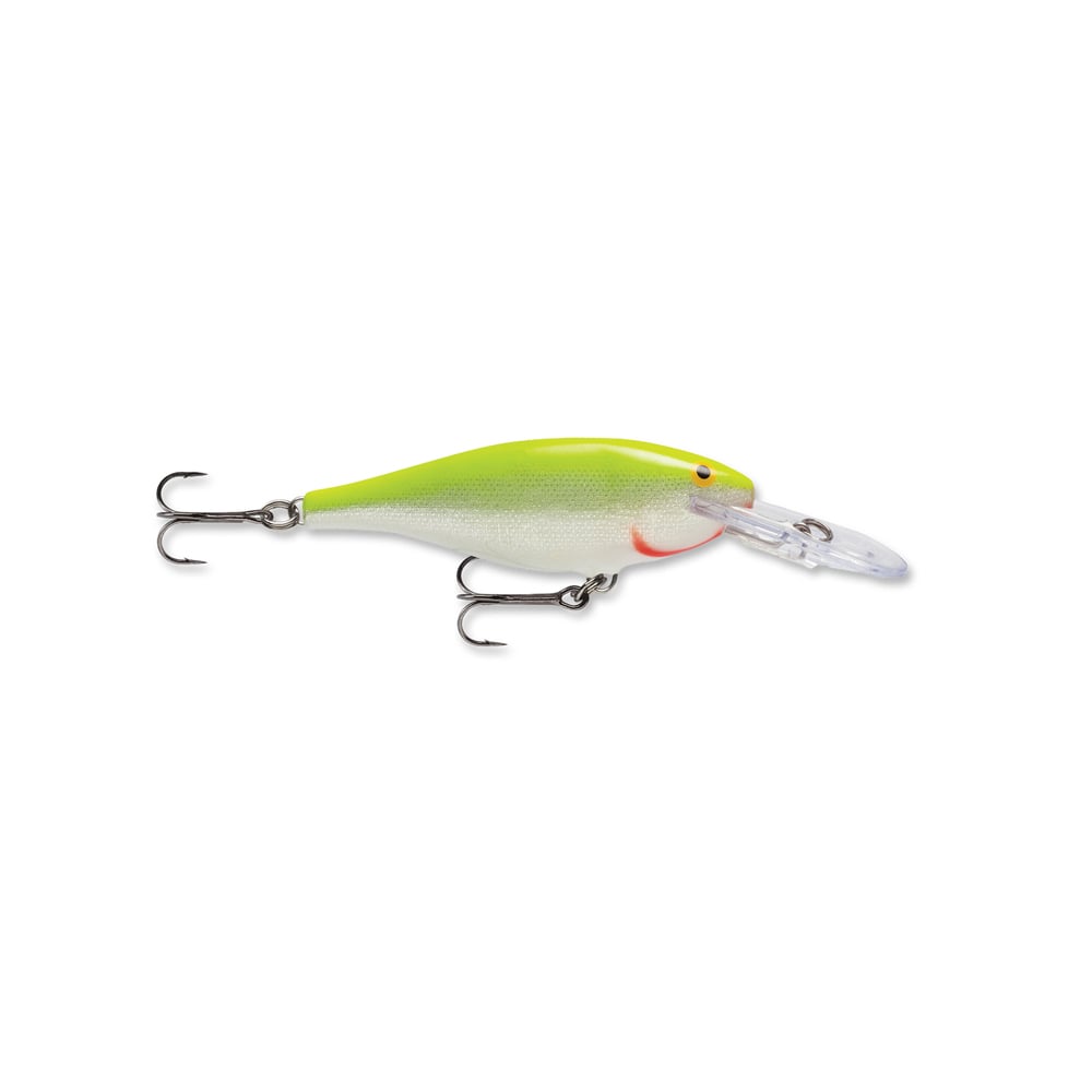 The Rapala Shad Rap Crankbaits, by Rapala, resemble a classic Shad Rap with a green and white body, two treble hooks, and a transparent lip for diving. Its realistic fish shape mimics baitfish, with a small red spot near the head to appeal to crankbait enthusiasts.