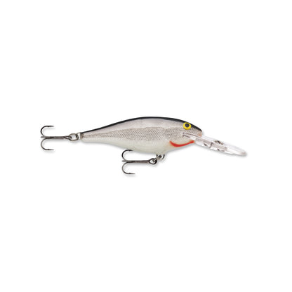 The Rapala Shad Rap Crankbaits by Rapala have a sleek baitfish design with a silver body, dark top, yellow eye, and red accent near the mouth. Equipped with two treble hooks and a clear plastic lip for enhanced crankbait action.