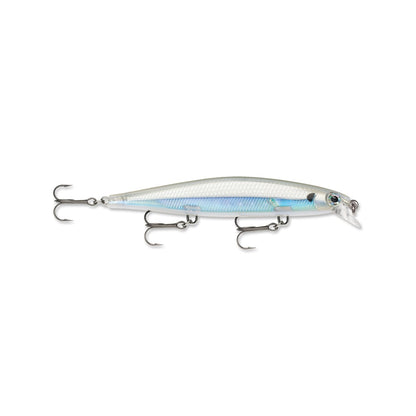 The Rapala Shadow Rap Jerkbait, by Rapala, features minnow action and a silver-translucent design with three treble hooks and a small clear plastic lip. It rests gracefully against a white background, offering the ideal allure for discerning anglers.