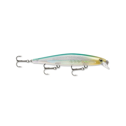 Discover the Rapala Shadow Rap Jerkbaits, featuring a metallic blue-green top, silver sides, and gold-yellow head. Designed for minnow action with three treble hooks and a small clear plastic lip for precise diving.