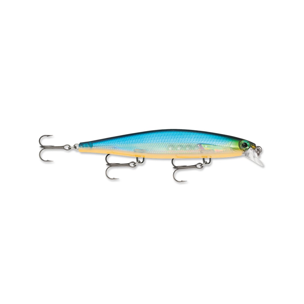 The Rapala Shadow Rap Jerkbaits by Rapala have a blue top, yellow bottom, and reflective silver sides. Featuring a small transparent lip and three treble hooks, this lure mimics minnow movements to attract your next catch.