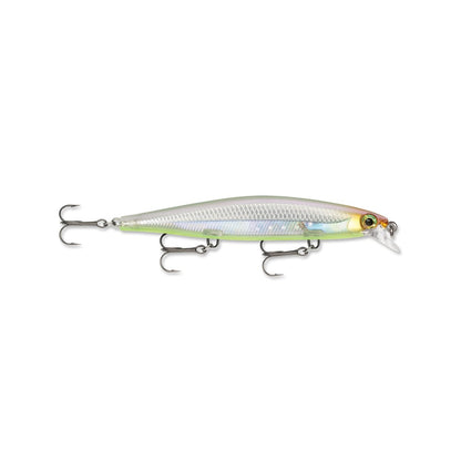 The Rapala Shadow Rap Jerkbaits by Rapala imitate minnow movements and feature a reflective body, yellowish head, and three treble hooks underneath.