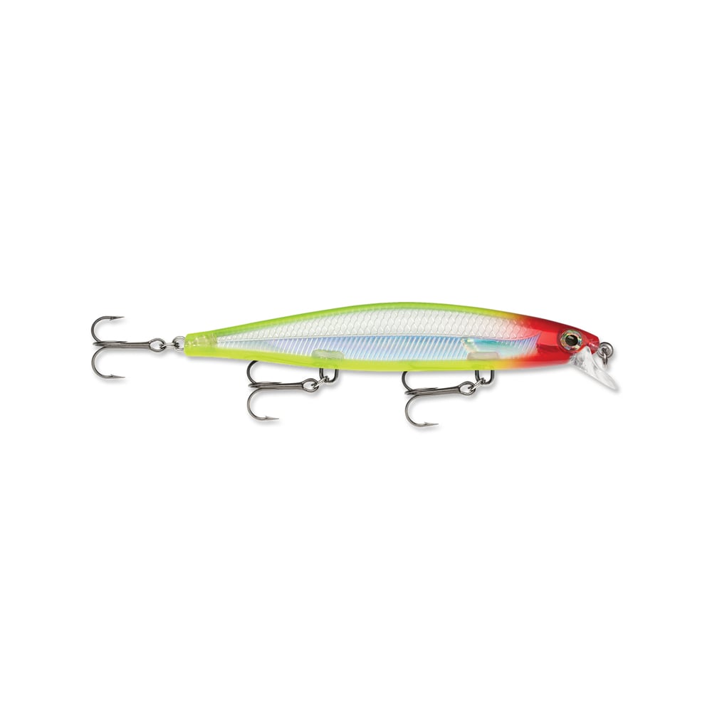 Introducing the Rapala Shadow Rap Jerkbait by Rapala, featuring a silver body, fluorescent yellow top, and red head. This lure has realistic minnow action with a clear plastic diving lip and three treble hooks on its underside.