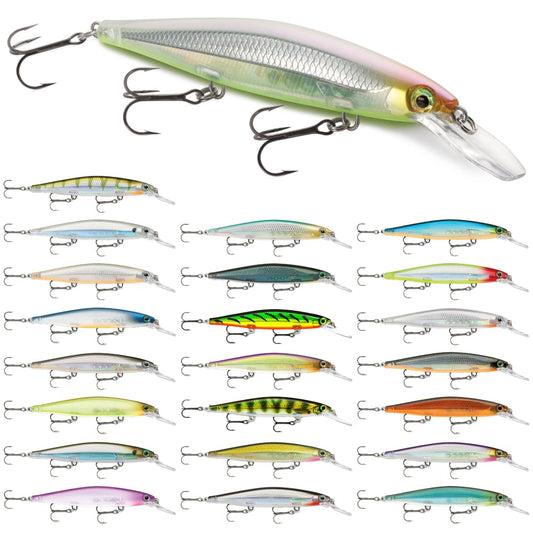 A 24-lure collection featuring Rapala Shadow Rap Deep Jerkbaits, these vibrant lures, arranged in a grid, showcase multiple colors and minnow action with treble hooks to attract elusive catches.