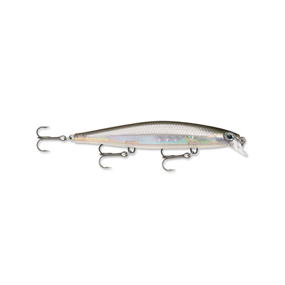 The Rapala Shadow Rap Jerkbaits by Rapala is a sleek silver/gray lure with three treble hooks and a clear plastic lip, designed to mimic minnow action perfectly against its white background.