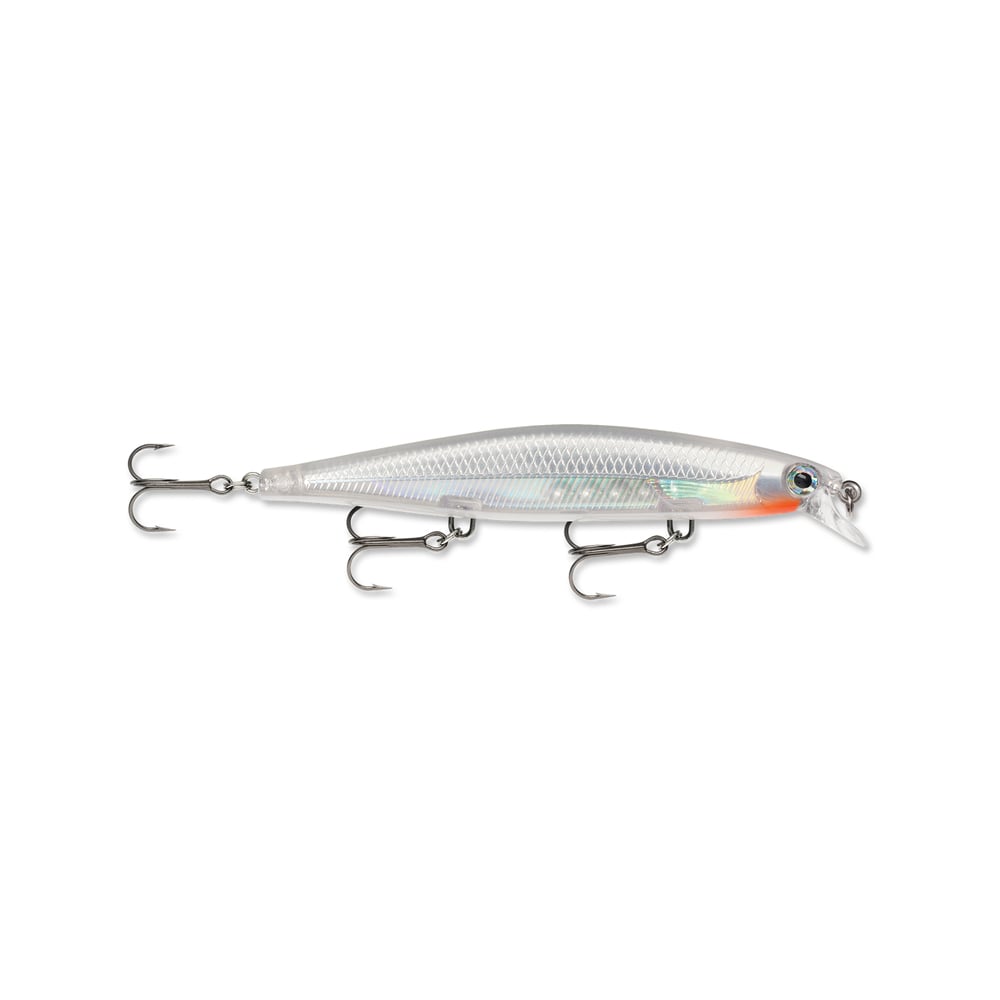 The Rapala Shadow Rap Jerkbaits feature lifelike minnow action, a silver-white body with a translucent finish, red accents near the head, and realistic eyes. With three treble hooks and detailed scale patterns, it's an ideal lure for anglers seeking realistic small fish imitation.