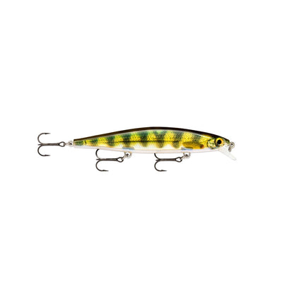 The Rapala Shadow Rap Jerkbait is a detailed fishing lure designed like a small fish, featuring minnow action with a yellow and green body. It includes realistic eyes, a plastic lip for diving, and three silver treble hooks, perfect for mimicking natural jerkbait movement.