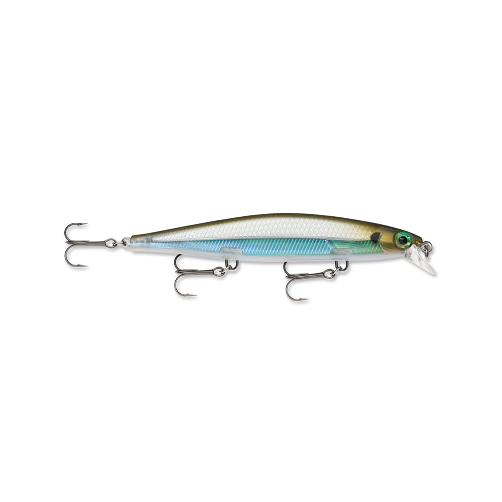 The Rapala Shadow Rap Jerkbaits by Rapala is a realistic fishing lure with a sleek, fish-like design featuring a metallic blue and silver body. It has three treble hooks and a translucent plastic lip, expertly simulating the irresistible movement of a small fish.