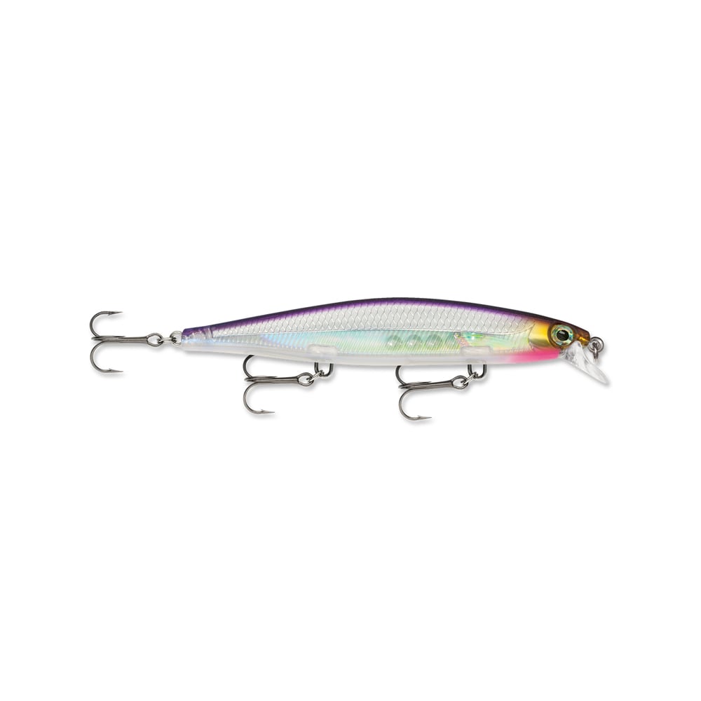 The Rapala Shadow Rap Jerkbait features a metallic, multicolored design resembling a small fish and combines minnow action with finesse. It's equipped with three treble hooks and a transparent diving lip, echoing high-end jerkbaits in quality and performance.