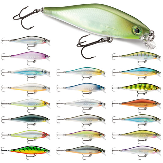 Image displaying 18 Rapala Shadow Rap Shad Jerkbaits, ideal for gamefish. These lures feature diverse colors and patterns, such as silver and green, a metallic finish, multiple hooks, and are set against a white background.