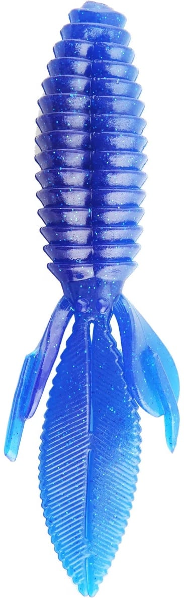 The Reaction Innovations Sweet Beaver 4.20 by Reaction Innovations is a blue, ribbed rubber fishing lure shaped like a beetle with glossy wings and a segmented body. It features a shiny finish, perfect as flipping bait for an enticing underwater dance.