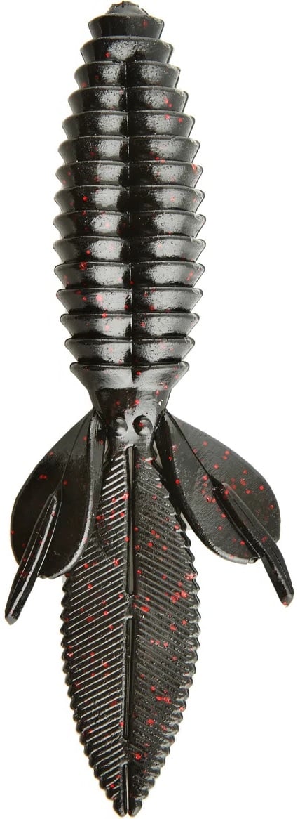 The Reaction Innovations Sweet Beaver 4.20 soft plastic lure by Reaction Innovations showcases ribbed texture and red speckles, with a cylindrical body, two large flat tail fins, and two smaller side fins.