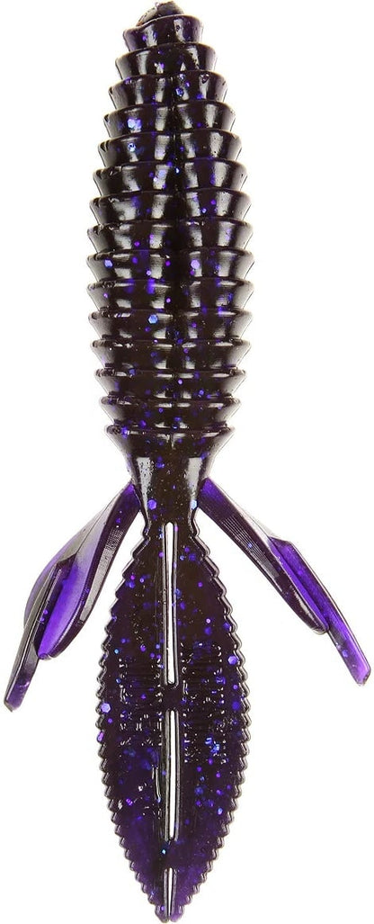 The Reaction Innovations Sweet Beaver 4.20 is a purple and black soft plastic lure with a ribbed, streamlined body and two fin-like extensions per side. Textured to mimic aquatic creatures, it's an ideal flipping bait for attracting fish.